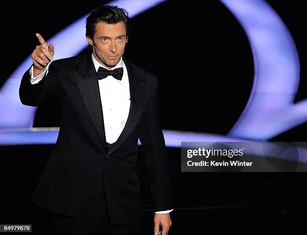 Host Hugh Jackman points on stage during the 81st Annual Academy Awards held at Kodak Theatre on February 22, 2009 in Los Angeles, California.