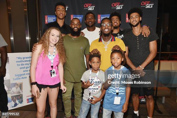 Player John Collins, NFL player Justin Hardy,NFL player Julio Jones,rapper Offset, NBA player Quinn Cook and NBA player Tyler Dorsey pose for photo...