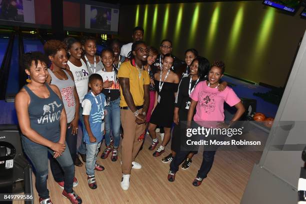 Recording artist Offset pose for photo with fans to launch the $500K fundraising campaign for the American Cancer Society on September 19, 2017 at...