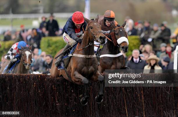Bobs Worth ridden by Barry Geraghty goes on to win ahead of Long Run ridden by Sam Waley-Cohen in the Betfred Cheltenham Gold Cup Steeple Chase...