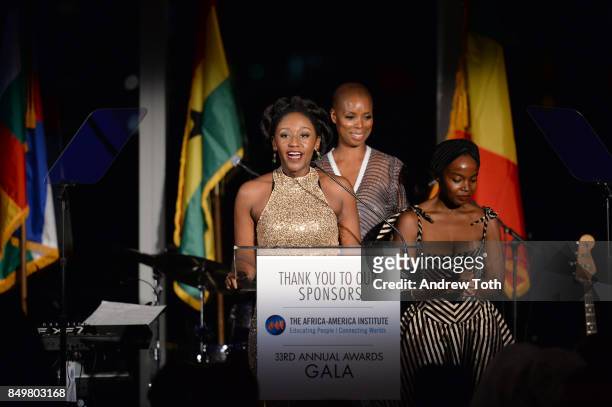 Nana Mensah, Sidra Smith and Maame Yaa speak during The Africa-America Institute 33rd Annual Awards Gala at Mandarin Oriental New York on September...