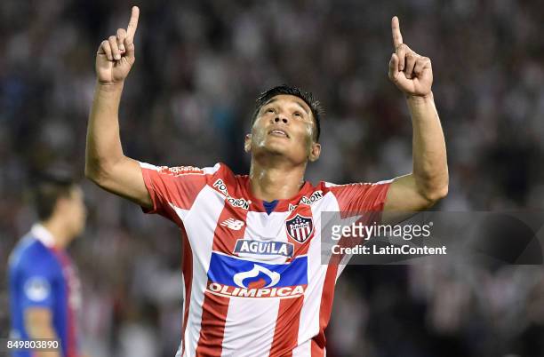 Teofilo Gutierrez of Junior celebrates after scoring the second goal of his team during a second leg match between Junior and Cerro Porteño as part...