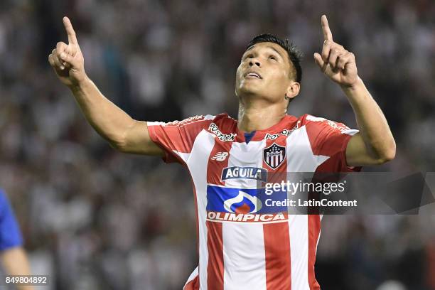 Teofilo Gutierrez of Junior celebrates after scoring the second goal of his team during a second leg match between Junior and Cerro Porteño as part...
