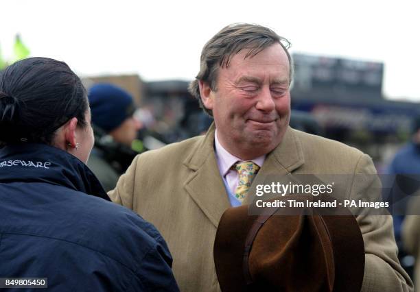 Trainer Nicky Henderson appears emotional as he celebrates after Bobs Worth won the Betfred Cheltenham Gold Cup Steeple Chase during the Cheltenham...