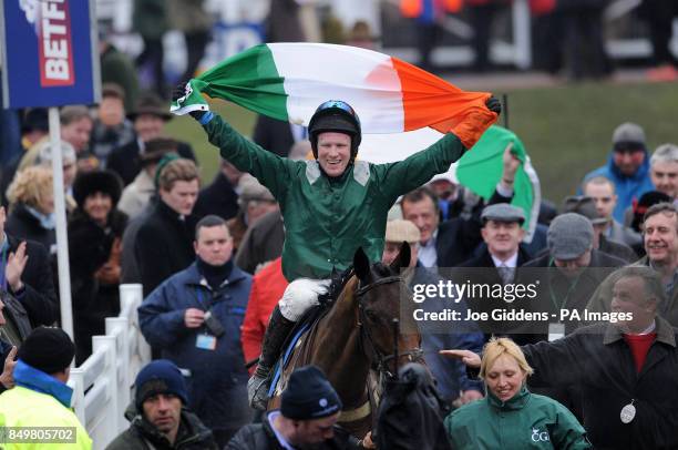 Mr C J Sweeney celebrates on Salsify after winning the CGA Foxhunter Steeple Chase Challenge Cup during the Cheltenham Gold Cup Day on Day Four of...