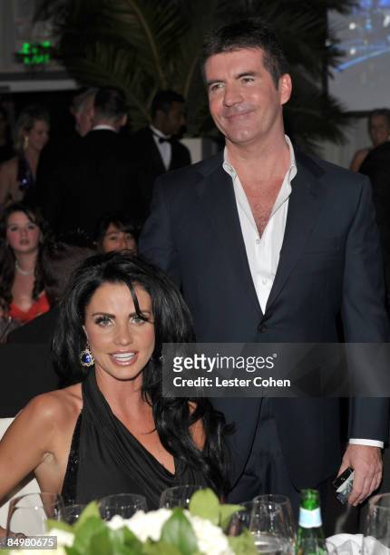 Personalities Katie Price and Simon Cowell attend the 17th Annual Elton John AIDS Foundation Oscar party held at the Pacific Design Center on...