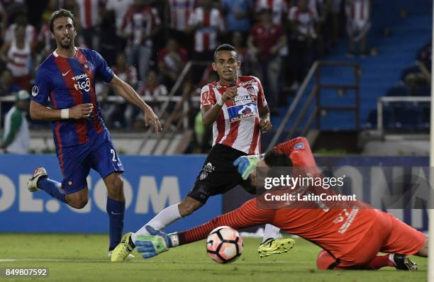 Luis Diaz Marulanda of Junior kicks to score th first goal of his team during a second leg match between Junior and Cerro Porteño as part of round of...