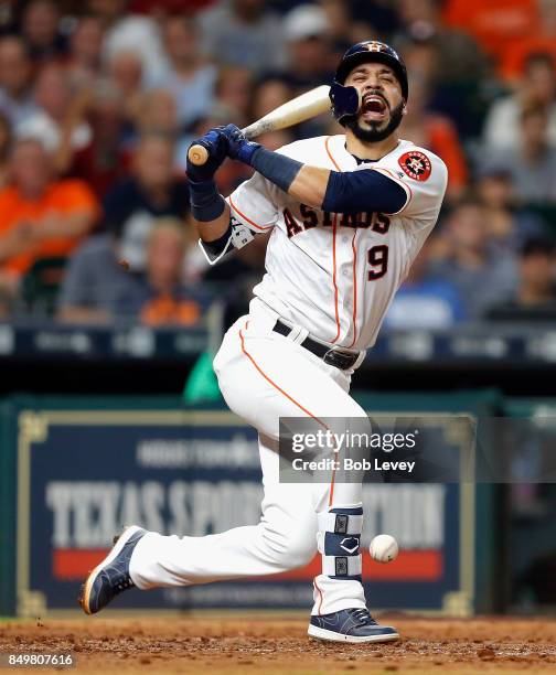 Marwin Gonzalez of the Houston Astros fouls a pitch off his foot in the sixth inning against the Chicago White Sox at Minute Maid Park on September...