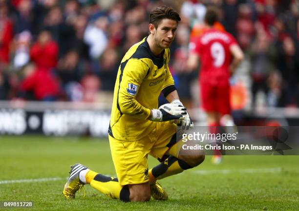 Liverpool goal keeper Brad Jones picks himself up after Southampton's Rickie Lambert scores during the Barclays Premier League match at St Marys'...