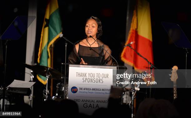 President and CEO of CCA Florie Liser speaks during The Africa-America Institute 33rd Annual Awards Gala at Mandarin Oriental New York on September...