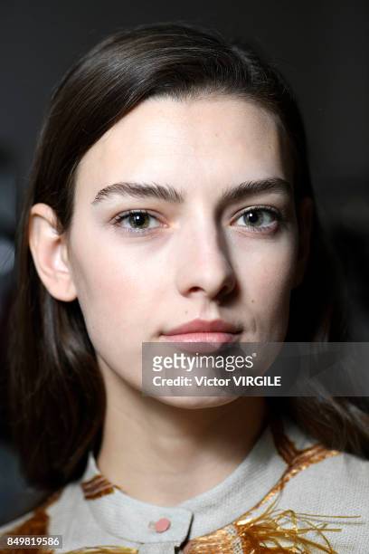 Model backstage at the Roksanda Ready to Wear Spring/Summer 2018 fashion show during London Fashion Week September 2017 on September 18, 2017 in...