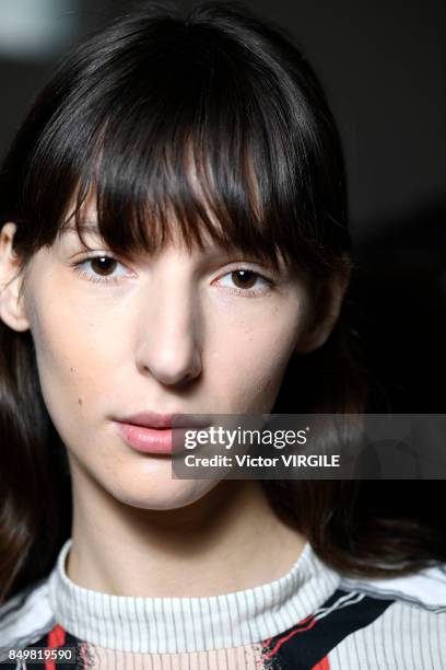 Model backstage at the Roksanda Ready to Wear Spring/Summer 2018 fashion show during London Fashion Week September 2017 on September 18, 2017 in...