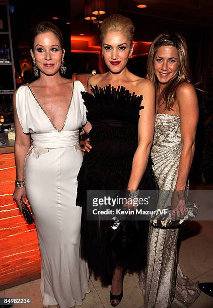 Actress Christina Applegate, singer Gwen Stefani and actress Jennifer Aniston attends the 2009 Vanity Fair Oscar party hosted by Graydon Carter at...