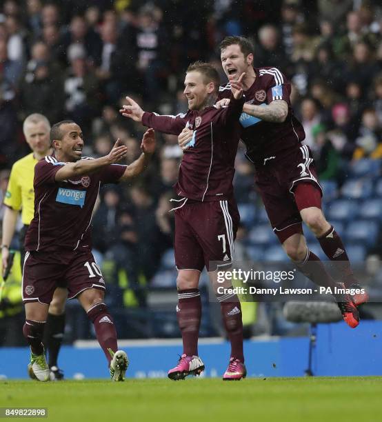 Heart's Ryan Stevenson celebrates his goal with team mates Mehdi Taouil and Darren Barr during the Scottish Communities League Cup Final at Hampden...