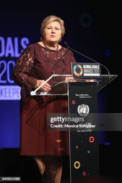 As world leaders gather in New York for the UN General Assembly Prime Minister of Norway Erna Solberg speaks on stage at The Goalkeepers Global Goals...