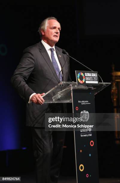 As world leaders gather in New York for the UN General Assembly Paul Polman speaks on stage at The Goalkeepers Global Goals Awards hosted by UN...