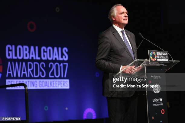 As world leaders gather in New York for the UN General Assembly Paul Polman speaks on stage at The Goalkeepers Global Goals Awards hosted by UN...