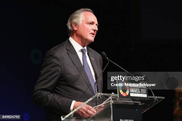 As world leaders gather in New York for the UN General Assembly Paul Polman speaks on stage at The Goalkeepers Global Goals Awards hosted by UN...
