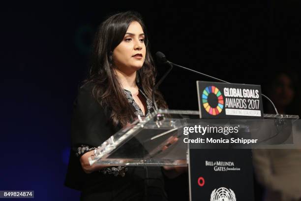 As world leaders gather in New York for the UN General Assembly activist Ria Sharma speaks on stage at The Goalkeepers Global Goals Awards hosted by...