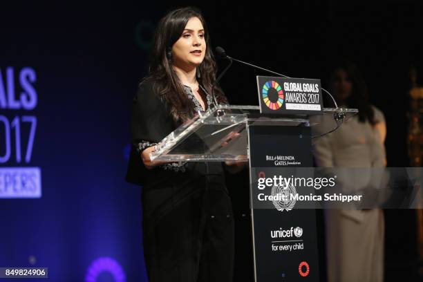 As world leaders gather in New York for the UN General Assembly activist Ria Sharma speaks on stage at The Goalkeepers Global Goals Awards hosted by...