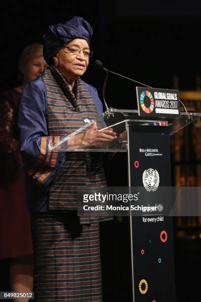 As world leaders gather in New York for the UN General Assembly President of Liberia Ellen Johnson Sirleaf speaks on stage at The Goalkeepers Global...