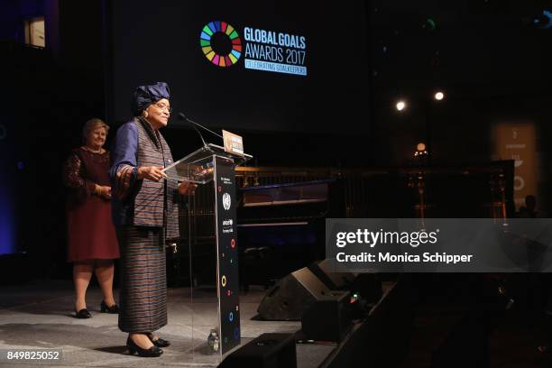 As world leaders gather in New York for the UN General Assembly President of Liberia Ellen Johnson Sirleaf speaks on stage at The Goalkeepers Global...