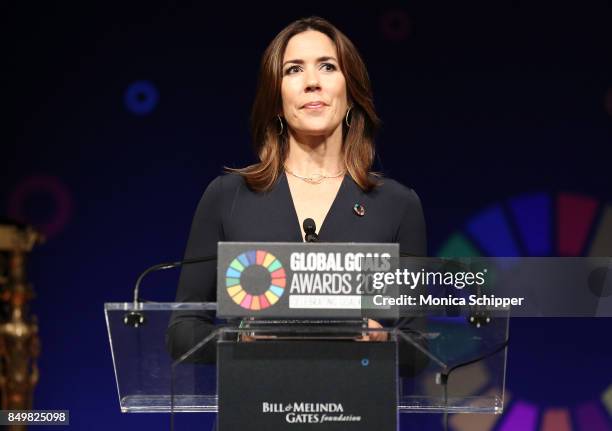 As world leaders gather in New York for the UN General Assembly Crown Princess Mary of Demark speaks on stage at The Goalkeepers Global Goals Awards...