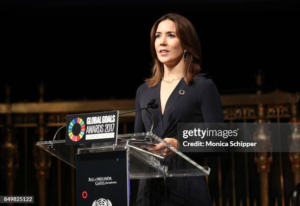 As world leaders gather in New York for the UN General Assembly Crown Princess Mary of Demark speaks on stage at The Goalkeepers Global Goals Awards...