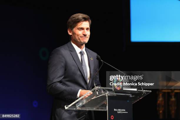 As world leaders gather in New York for the UN General Assembly actor Nikolaj Coster-Waldau speaks on stage at The Goalkeepers Global Goals Awards...