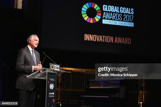 As world leaders gather in New York for the UN General Assembly Paul Polman speaks on stage at The Goalkeepers Global Goals Awards hosted by UN...