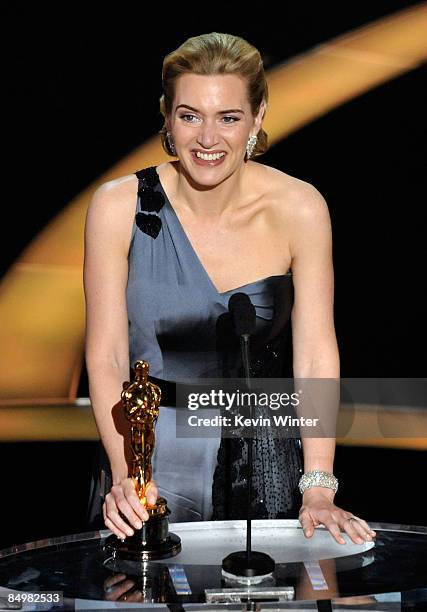 Actress Kate Winslet speaks on stage after winning the Best Actress award for "The Reader" during the 81st Annual Academy Awards held at Kodak...