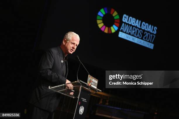 As world leaders gather in New York for the UN General Assembly Director Richard Curtis speaks on stage at The Goalkeepers Global Goals Awards hosted...