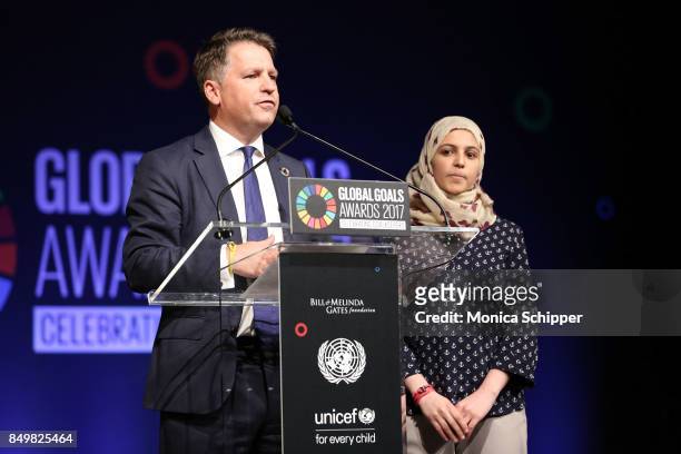 As world leaders gather in New York for the UN General Assembly activist Muzoon Almellehan and Justin Forsyth speak on stage at The Goalkeepers...