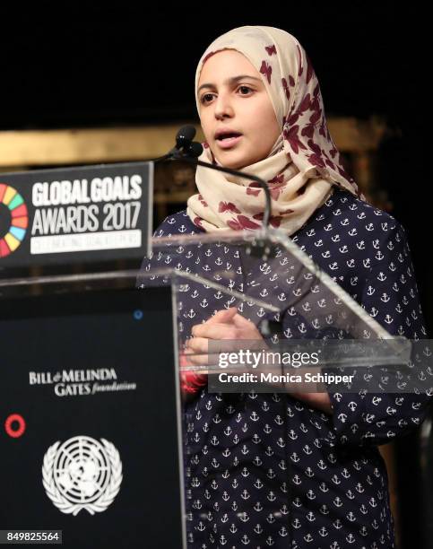 As world leaders gather in New York for the UN General Assembly activist Muzoon Almellehan speaks on stage at The Goalkeepers Global Goals Awards...
