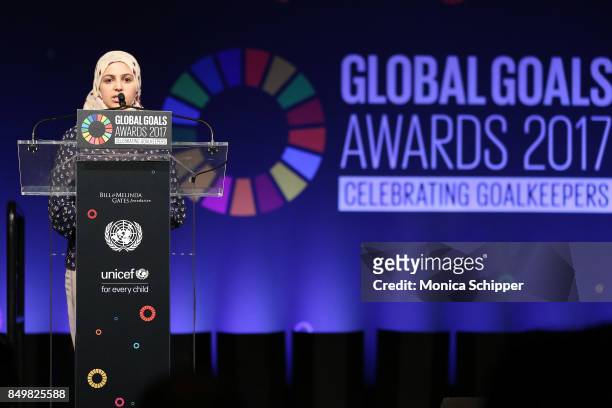 As world leaders gather in New York for the UN General Assembly activist Muzoon Almellehan speaks on stage at The Goalkeepers Global Goals Awards...