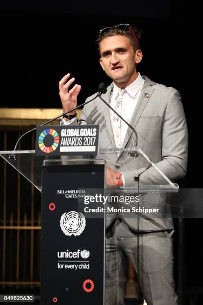 As world leaders gather in New York for the UN General Assembly Casey Neistat speaks on stage at The Goalkeepers Global Goals Awards hosted by UN...