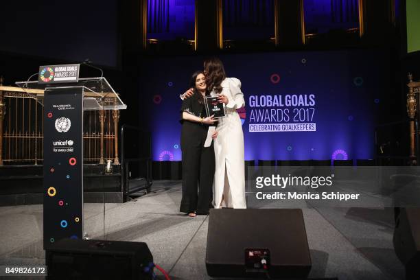 As world leaders gather in New York for the UN General Assembly activist Ria Sharma accepts The Leadership Award from actress Priyanka Chopra at The...