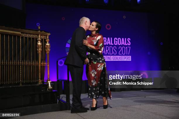 As world leaders gather in New York for the UN General Assembly Director Richard Curtis and singer Lily Allen on stage at The Goalkeepers Global...