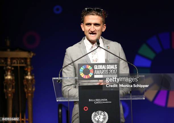 As world leaders gather in New York for the UN General Assembly Casey Neistat speaks on stage at The Goalkeepers Global Goals Awards hosted by UN...