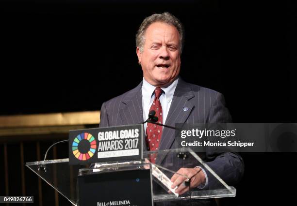 As world leaders gather in New York for the UN General Assembly David Beasley speaks on stage at The Goalkeepers Global Goals Awards hosted by UN...