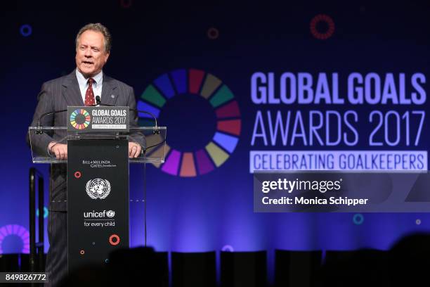 As world leaders gather in New York for the UN General Assembly David Beasley speaks on stage at The Goalkeepers Global Goals Awards hosted by UN...