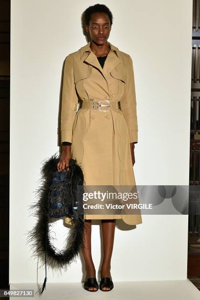 Model poses at the Huishan Zhang Ready to Wear Spring/Summer 2018 presentation during London Fashion Week September 2017 on September 18, 2017 in...