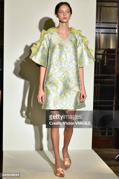 Model poses at the Huishan Zhang Ready to Wear Spring/Summer 2018 presentation during London Fashion Week September 2017 on September 18, 2017 in...