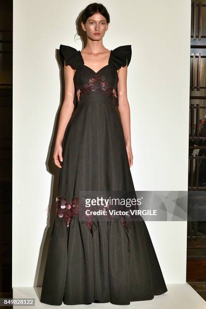 Model poses at the Huishan Zhang Ready to Wear Spring/Summer 2018 presentation during London Fashion Week September 2017 on September 18, 2017 in...