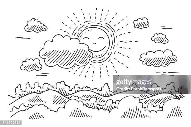 comforable sonne ruhe landschaft zeichnung - sonne wolken stock-grafiken, -clipart, -cartoons und -symbole