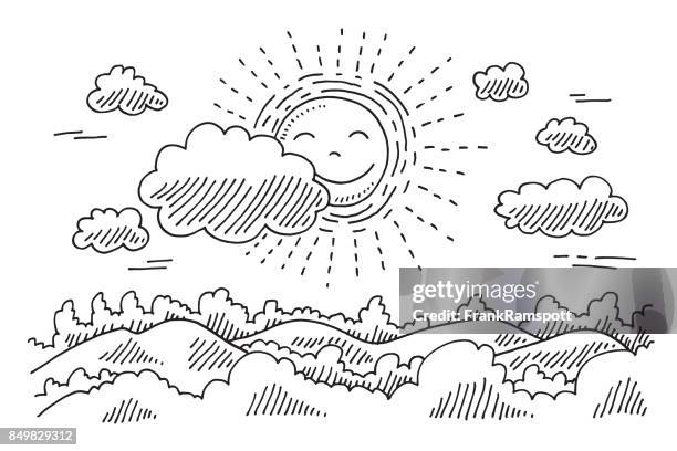 comforable sun calm landscape drawing - black and white landscape stock illustrations