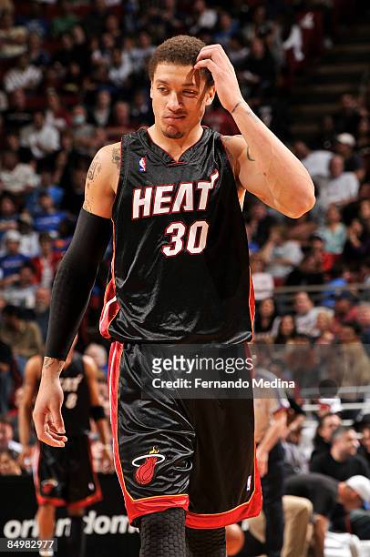 Michael Beasley of the Miami Heat reacts during the game against the Orlando Magic on February 22, 2009 at Amway Arena in Orlando, Florida. NOTE TO...