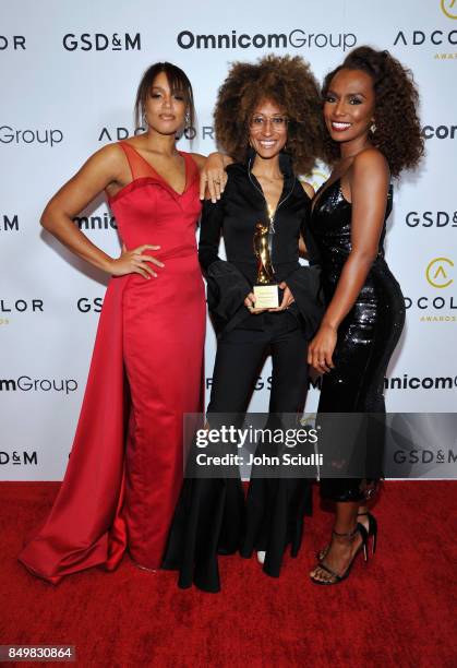 Christena J. Pyle, honoree Elaine Welteroth and Janet Mock attend the 11th Annual ADCOLOR Awards at Loews Hollywood Hotel on September 19, 2017 in...