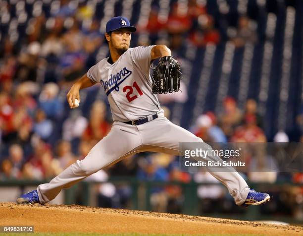 Pitcher Yu Darvish of the Los Angeles Dodgers delivers a pitch during the fifth inning of a game against the Philadelphia Phillies at Citizens Bank...