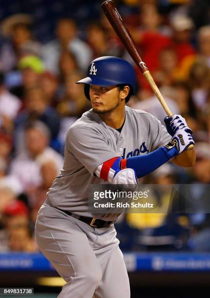 Yu Darvish of the Los Angeles Dodgers bats during the third inning of a game against the Philadelphia Phillies at Citizens Bank Park on September 19,...
